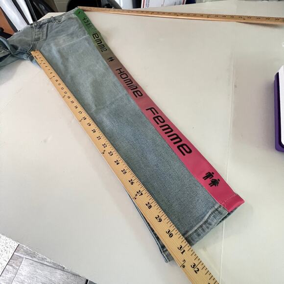 Homme + Femme NEW Tesla Skinny Blue Jeans Sz 38 Green Pink Gradient Logo Ribbon - Picture 7 of 8